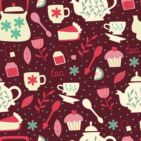 Teapots, Cups, Lemon, Flowers and Leaves.のイラスト素材