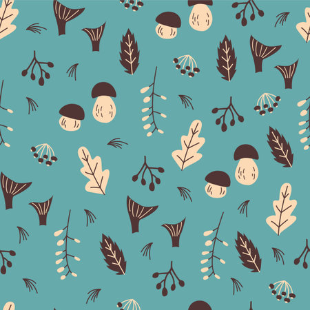 Forest Seamless Pattern. Vector Background with Nature Elements and Abstract Shapesのイラスト素材