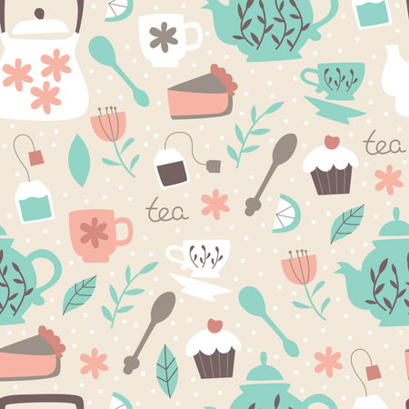 Pattern with Tea Elements. Background with Teapots, Cups, Lemon, Flowers and Leaves.のイラスト素材