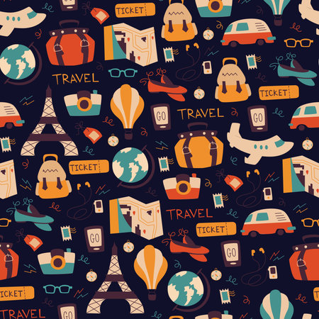 Hand Drawn Travel Seamless Pattern. Travel Doodle Background.のイラスト素材