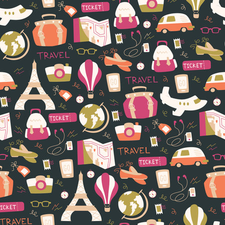 Hand Drawn Travel Seamless Pattern. Travel Doodle Background.のイラスト素材