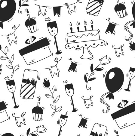 A Seamless Background with Party Elements. Seamless Pattern with Gift, Cake, Balloon and etc.のイラスト素材
