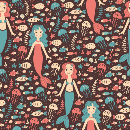 Cute pattern with Mermaid and Fishのイラスト素材