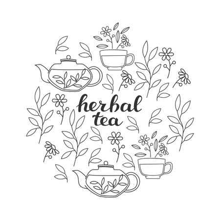 Herbal Tea Card.Tea Doodles Symbols.のイラスト素材