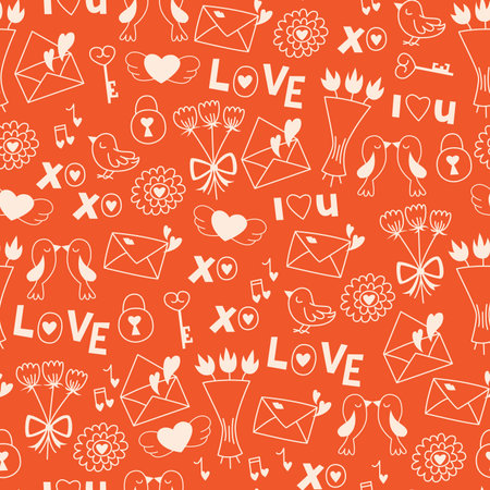 Seamless Pattern with Romantic Elements: Hearts, Flowers and Love Letter.のイラスト素材