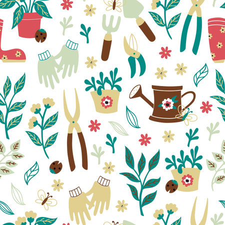 Hand drawn of gardening tools vector seamless pattern.のイラスト素材