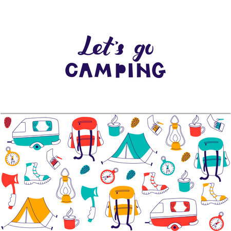 Hand Drawn Doodle Camping Objects. Set with Tourist Tent, Compas, Backpack and etc.のイラスト素材