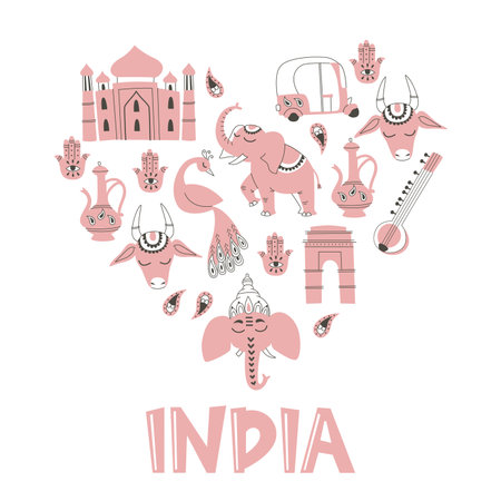 Heart Shape Collection of India Hand Drawn Elements and Lettering.のイラスト素材