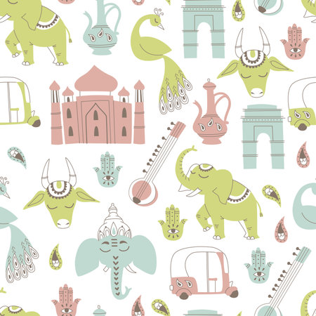 Seamless Pattern with Indian Elements. Hand Drawn Vector.のイラスト素材