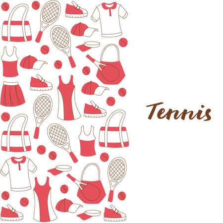Hand Drawn Doodle Tennis Set. Vector Illustration Sport Equipment Isolated on White.のイラスト素材