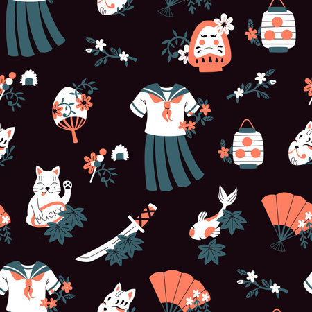 Hand Drawn Vector Seamless Pattern with Flowers and Japan Symbols in Doodle Style.のイラスト素材