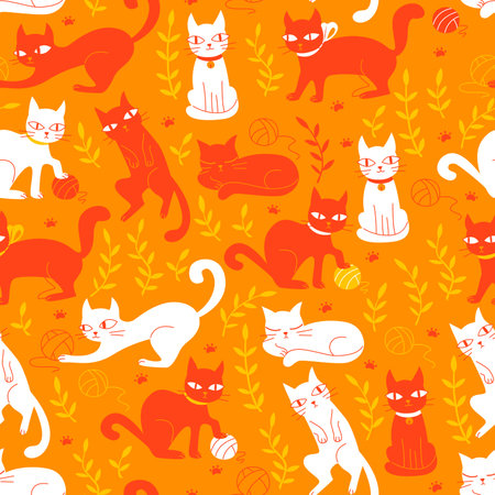 Cute Seamless Pattern with Cats in Doodle Style. Hand Drawn Vector Illustration.のイラスト素材
