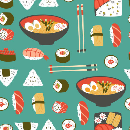Japanese Food Hand Drawn Doodle Seamless Pattern.のイラスト素材