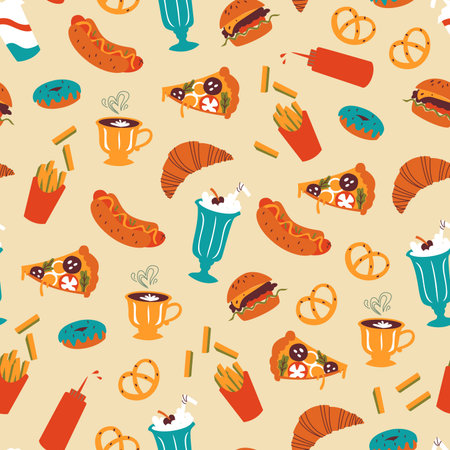 Seamless Background with Doodle Fast Food. Vector Illustration.のイラスト素材