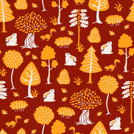 Autumn Seamless Pattern with Cute Hand Drawn Animals and Trees.