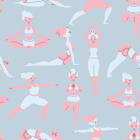 Seamless Pattern Of People Doing Yoga Poses. Woman Exercising Different Yoga Poses.のイラスト素材