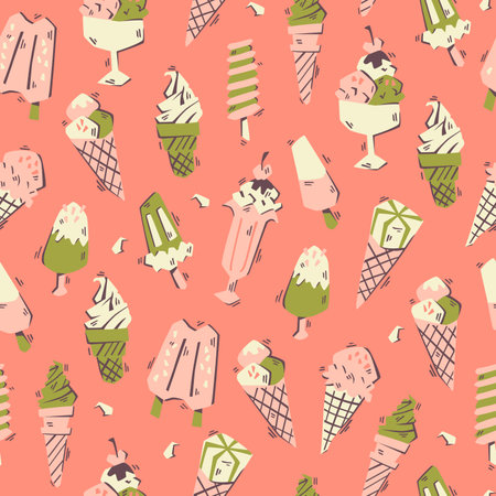 Nice Hand Drawn Doodle Ice Cream Pattern. Seamless Vector Background.のイラスト素材