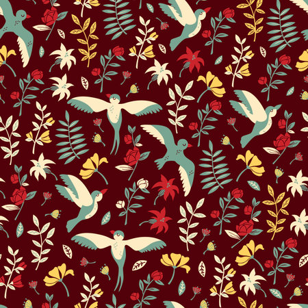 Floral Seamless Pattern with Flying Birds. Vector Hand Drawn Pattern.のイラスト素材
