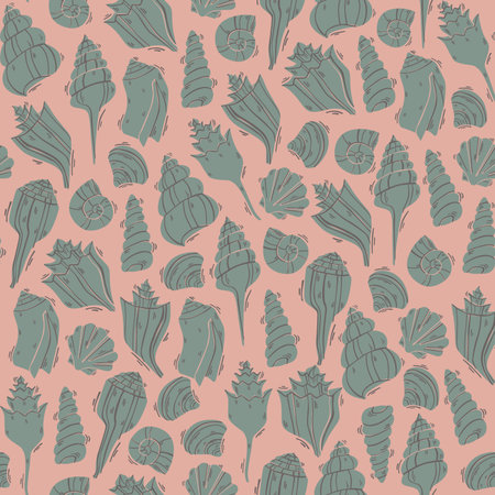 Shells Illustration Seamless Pattern in Doodle Style. Hand Drawn Vector Illustration.のイラスト素材