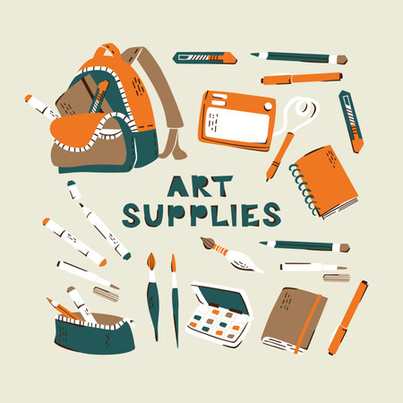 Art Tools Hand Drawn Vector Symbols. Set of Artists Supplies on White Background.のイラスト素材