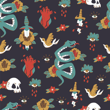 Seamless Doodle Pattern. Traditional Old School Tattoo. Vector background.のイラスト素材