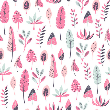 Exotic Jungle Plants Seamless Pattern on White Background.のイラスト素材