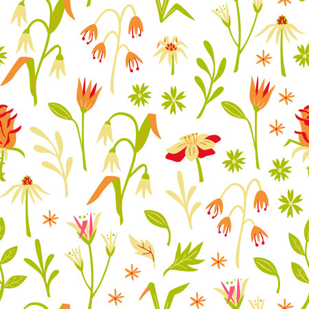 Hand Drawn Seamless Floral Pattern with Flowers and Leaves in Doodle Style.のイラスト素材