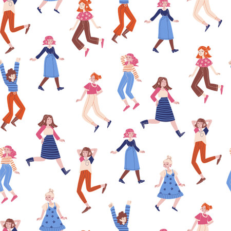 Pattern with girls in different poses. Vector seamless pattern. People illustration in flat style.のイラスト素材