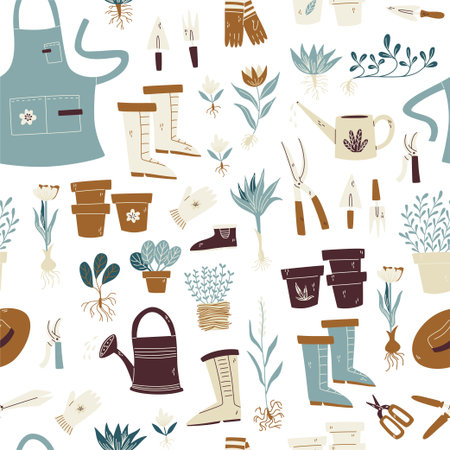 Gardening seamless pattern with flowerpot, gardener, gloves and secateurs and etc.のイラスト素材