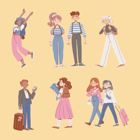 Tourist characters. Vector young people with travel bag and map travelingのイラスト素材