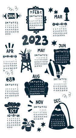 2023 calendar. Calendar posters with furniture doodle. Doodle vector collection. Vector illustration, vertical format. hand drawn illustration.のイラスト素材