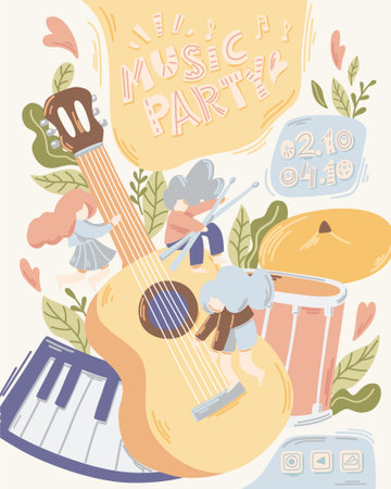 music party. Vector illustrations of musicians, people and musical instruments: drums, synthesizer and other musical instruments.のイラスト素材