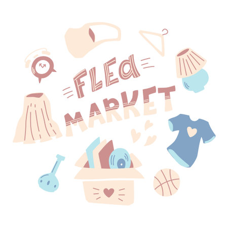 Items sold at flea markets and garage sales. Hand-drawn cartoon style.のイラスト素材