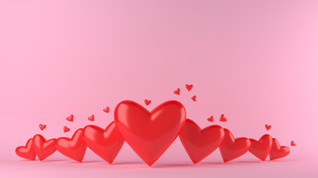 Lovely happy valentines day pink background with realistic 3d hearts.の写真素材