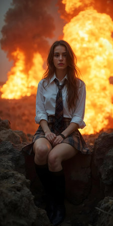 A girl in a school uniform sits on the ground in the fire.の素材