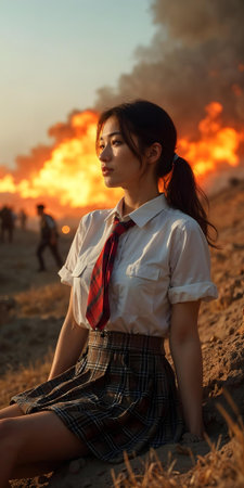 Portrait of asian schoolgirl sitting on the ground with fire in the backgroundの素材