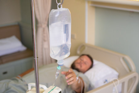 Close-up. Male hand with a dropper during chemotherapy in a hospital. The man is in the hospital room, without focus. Health is a topic of health and healing.の写真素材