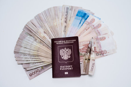 Concept Preparing for travel, money, passport, plane, close upの写真素材