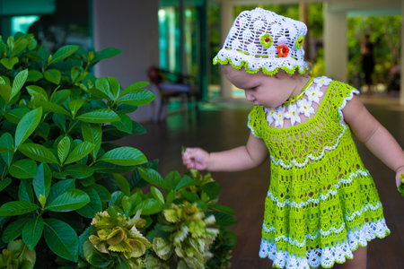 little girl in a knitted dress, chamomile, looks at the green leaves, the concept of children fashion. the child is surprisedの写真素材