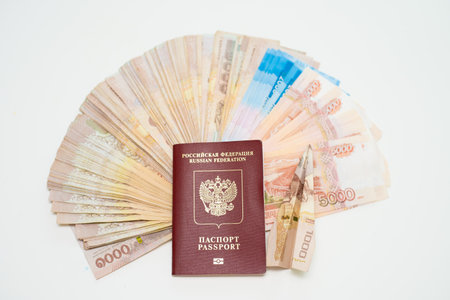Concept Preparing for travel, money, passport, plane, close upの写真素材