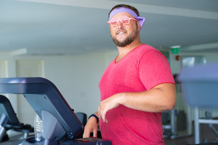 Playful fat man in a pink T-shirt and pink glasses is engaged in fitness in the gym.の写真素材