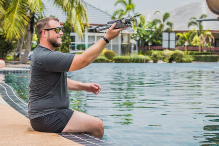a man launches a drone for flight, with which you can take photos and video filmingの写真素材