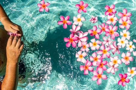 frangipani flower floating in clear blue water, with copy space.の写真素材