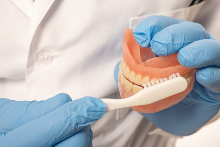 A dentist doctor in a white coat holds a false jaw in his hands. Shows how to brush teeth with a...