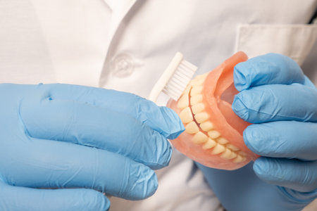 A dentist doctor in a white coat holds a false jaw in his hands. Shows how to brush teeth with a...