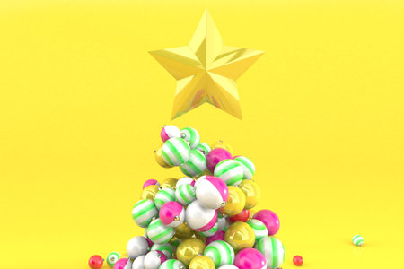Christmas tree with Christmas ball and gold starの写真素材