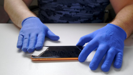 man replaces a broken tempered glass screen protector for a smartphone.の写真素材