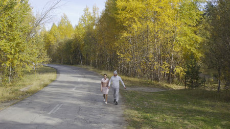 Female and male walks and runs along an asphalt road through the autumn forest, top view.の写真素材