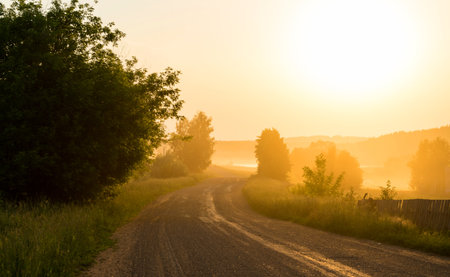 Foggy sunrise in Russiaの写真素材
