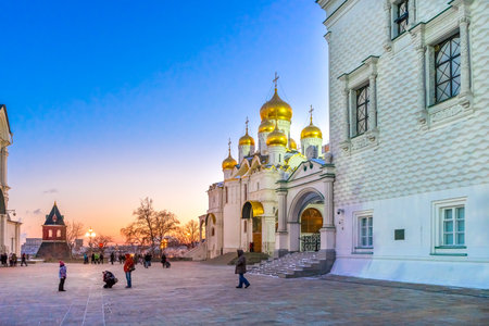 Cathedral Square and Cathedral of the Annunciation in the Moscow Kremlin in the winter before Christmas at sunsetの写真素材